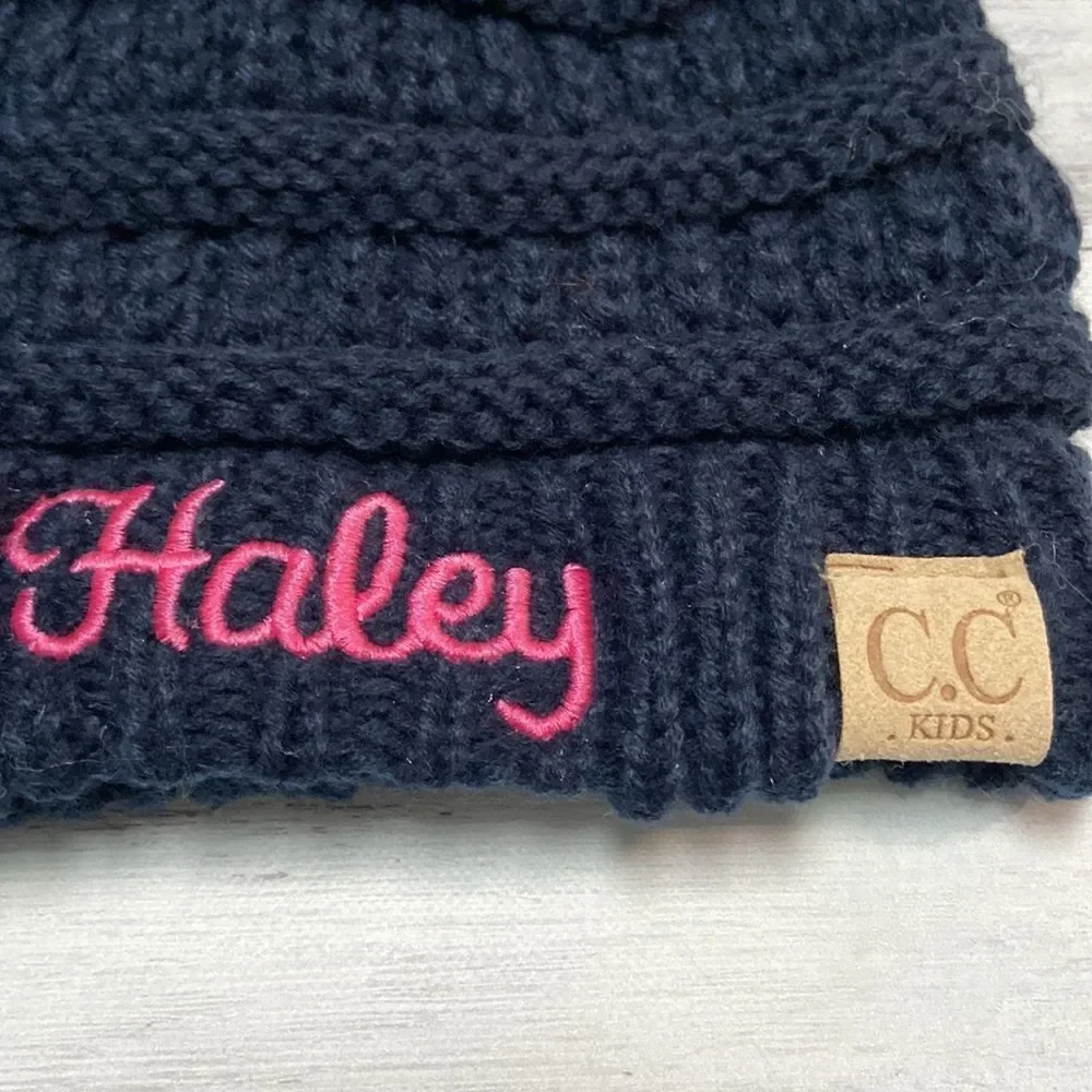 New Navy Monogrammed Haley Pom Pom Knit Hat from C.C Kids